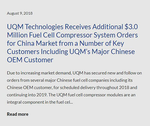 美國UQM公司官方網(wǎng)站報道關(guān)于燃料電池空氣壓縮機系統訂單的報道